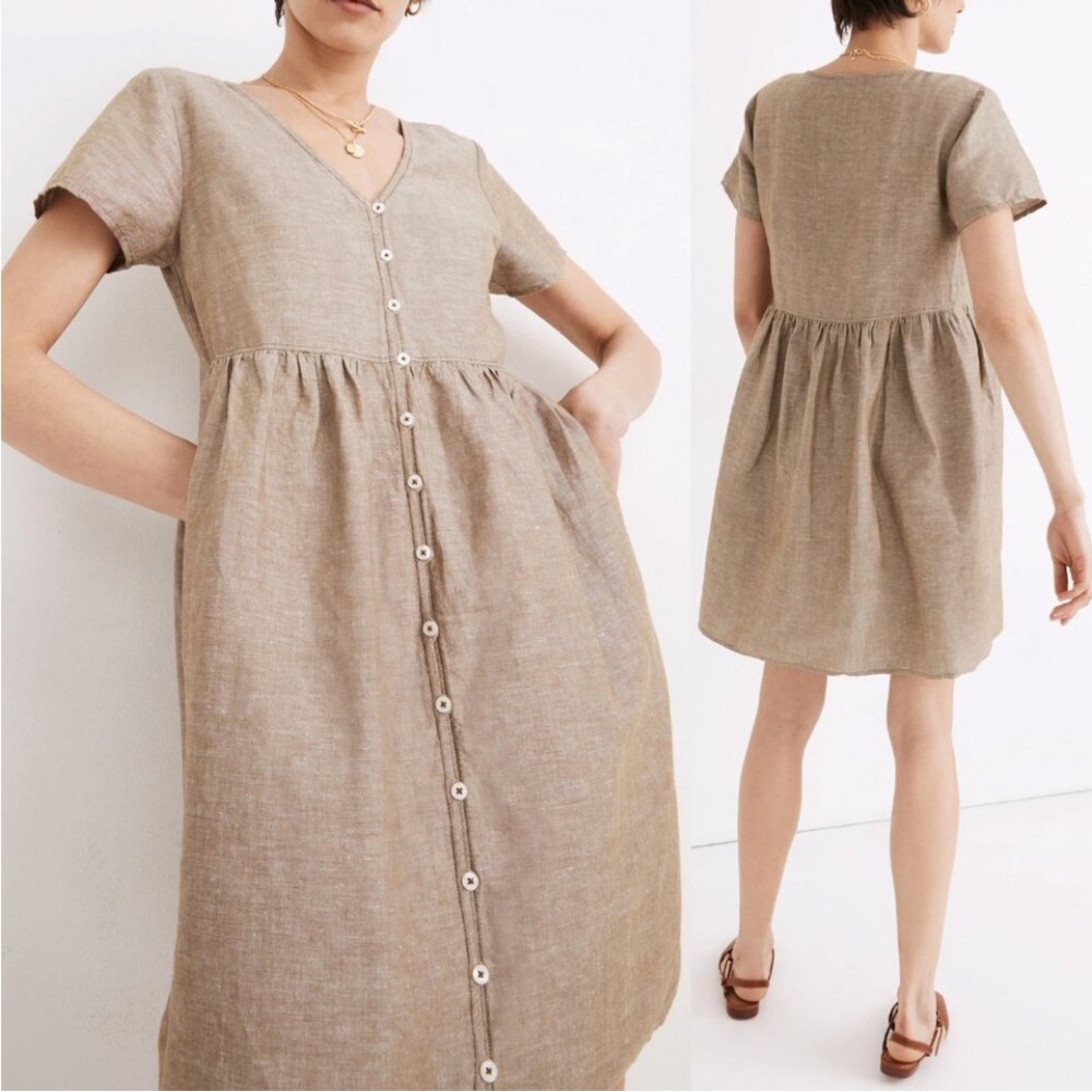 Madewell Linen Blend Alexandra Button Front Mini Dress Olive Plus